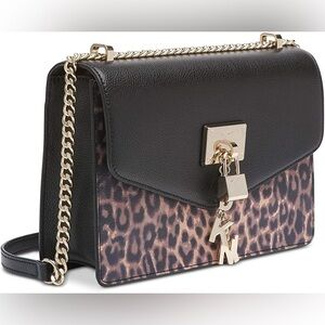 DKNY Womens Elissa Leopard Shoulder Flap Bag Size One Size Color Black/Gold